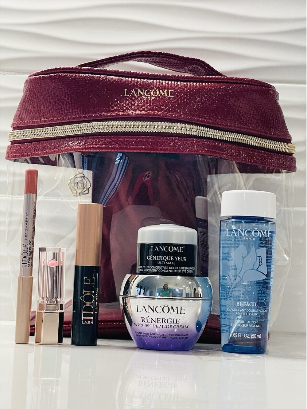 Lancome Renergie Genifique 7 pc Gift Set Creams, Bi-facil, Mascara, Lip Set, Bag